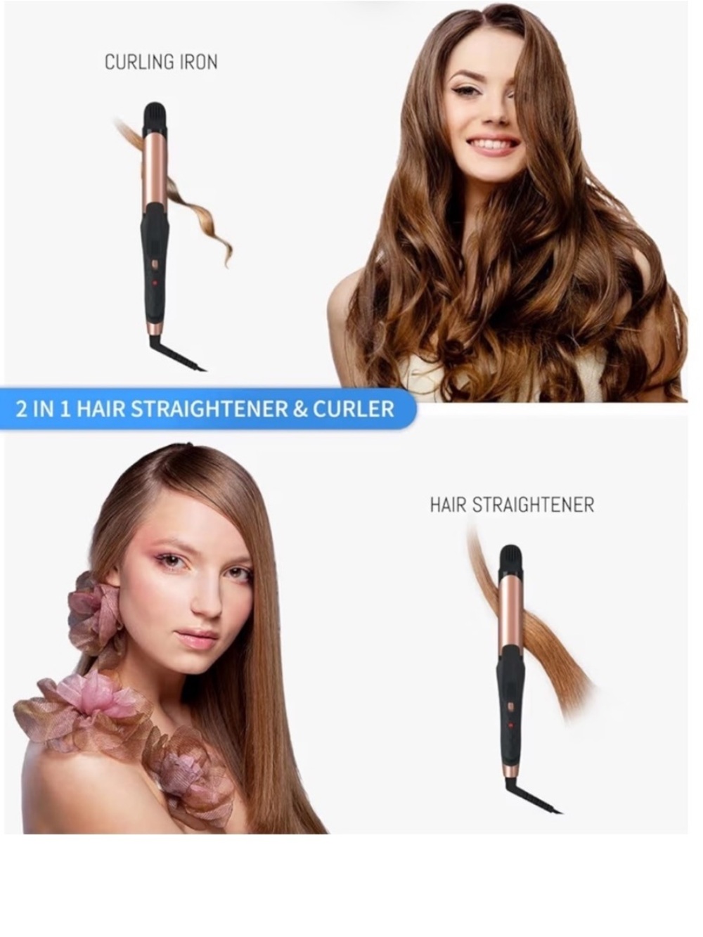 AmoVee 2 in 1 Travel Flat Iron Ceramic Tourmaline Curling Iron Hair Straightener